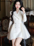Elegant Mini White Dress Women Vintage Chic Bow Mesh Design Formal Dress Summer Casual Slim Birthday Evening Party