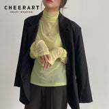 Candy Color Long Sleeve Tees See Through Mesh Top Turtleneck T Shirt Women Green Blue Black Pink Yellow Fall