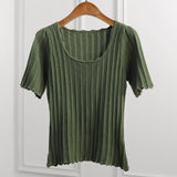 Ribbed Maille T-Shirt Women Summer Ruffles Elastic Slim Square Neck Elegant Tshirt Tops 2021 Fashion Tees