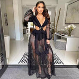 Deep V-neck Cut Out Long Sleeve Maxi Dress Long White Lace Tunic Party Women Clothes 2022 Summer Beach Dress