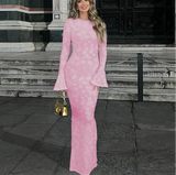 Pink Long Sleeve Floral Design Maxi Dress- Outfit