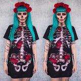022 Spot 2025 Halloween Women's Cosplay Party Dress Skull Print Short Sleeved