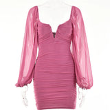 V-Neck Puff Sleeve Ruched Dress Women Party Double Layer Long Sleeve Sexy Mini Dresses Elegant Femme Clubwear