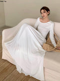 Casual Long Sleeve Maxi Bodycon Dress for Women Elegant Fashion Chic Evening Prom White Robe Female Spring Clothes