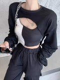 Hollow Out Long Sleeve T-shirt Patchwork Tank + Black Cloak Pullover T-shirt Two Piece Tops Streetwear Crop Tops