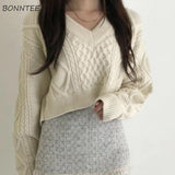 Pullovers Women Harajuku Lace Up Sexy V-Neck Simple White Preppy Girls Sweaters Jumpers Elegant Knit Batwing Sleeve