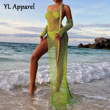 Summer New Fashion Halter Neck Fishnet See Through Beach Long Dress Sexy Women High Split Mesh Cover-ups Green White