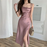2022 Summer Women Sexy Party Dress High Slit Spaghetti Strap Vintage Pink Long Satin Slip Dress Plus Size 3XL