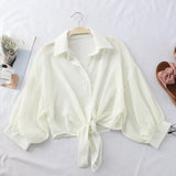 Shirts Women 2020 Summer Half Sleeve Buttoned Up Shirt Loose Casual Blouse Tied Waist Elegant Blouses For