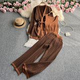 Zingj Suit Female Casual Temperament V Collar Waist Belt Knit Cardigan Jacket Three Piece Set High Waist Wide Leg