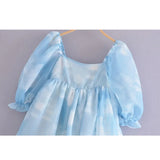 Summer Women Blooming Sky Color Organza Princess Dress Female Sexy Square Neck Puff Sleeve Mini Party Dress Short