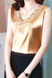 Fashion Top Woman V-neck Tank Tops Printed Vintage Ladies Crop top Female Women's T-shirt Satin Lace Summer Woman