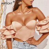 Elegant Ruffles Sleeve Crop Tops Women Strapless Off Shoulder Backless Zipper Sexy Club Party Tops 2020 Summer