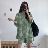 Women Shorts Matching Set Casual Loose Short Sleeve Clothing Female Print Tops Elastic Waist Pant 2 Piece Suit