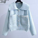 Sweet Lolita Pearl Knitted Sweater Women Peter Pan Collar Single Breasted Cardigan Autumn Preppy Style Loose