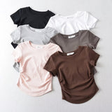 Zingj Trendy Women's Wear Summer New Wrinkled Round-Collar Blouse Shows Slim, Tall Waist, Short Style Navel Short-Sleeved