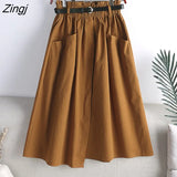 2021 Fashion Autumn Cotton Midi Skirt Women Korean Style Green Mid-Length High Waist A Line Skirt Female With