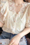 Summer V Neck Lace Shirt Fashion Short Sleeve Ruffle Stitching Sweet Women Tops with Suspenders Korean Crochet Blouse
