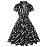 Print Black Pinup Women Cotton Midi Flare Dresses Short Sleeve Knee-Length Floral Print Sundress 50s Swing Party Retro