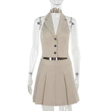 Buttoned Cropped Vest And Mini Skirt Set- Outfit