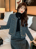 Winter Fashion Women's Tweed Suits Chic Chain Trim Long Sleeve Wool Short Jackets Coat And Skirt Outfits Two Piece