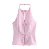 New Hanging Neck Bows Decorated Solid Color Top