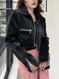 Cropped Leather Jacket Women Streetwear Moto Biker Zipper Leather Jacket Punk Winter Irregular Faux Fur Aviator Coat