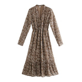 2021 spring floral printing midi dress pleated v-neck women dresses long sleeve elastic