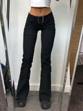 Zingj SUCHCUTE Metal Button Sexy Low Waist Flare Pants Black Women Casual Skinny Gothic Streetwear Girls Straight Trousers Punk Pants 211-0-Outfit