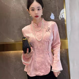 Chinese Women's Wear 2023 Spring Dress New Blouse High-End National Style Vintage Plate Button Blouse White Jacquard
