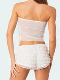 Women Layered Ruffles 2 Piece Summer Outfits Lace Mesh See Through Off Shoulder Tube Tops Shorts Club Streetwear