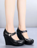 2021 Spring Autumn Genuine Leather Women's Fashion High Heels Pumps Wedges Black Color Female Platform Shoes Large