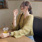 Women Chiffon Ruffled Collar Floral Printed Lantern Sleeve Korean Style Sweet Lady Elegant Leisure Gentle Fashion