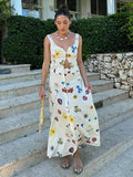 Women Chic Floral Print High Waist Button Skirt Set Sexy V Neck Hollow Out Back Lace Up Vest Suit New Elegant Lady Street