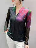V Neck Mesh T-shirt Women Long Sleeve Positioning Printing Floral Intimated Silk T Shirts Female Stretchable