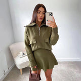Casual V-Neck Zipper Solid Knitted Sweater Women Long Sleeve Pockets Street Vintage Winter Pullover Tops Pull Femme