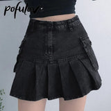 Mini Skirt Goth Denim Pleated Skirts with Big Pockets Women Girl Summer Punk Y2K Black Faldas High Waist Korean