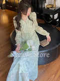Summer Fairy One Piece Dress Korean Casual Vintage Floral Midi Dress Women Long Sleeve French Sweet Dress Office Lady