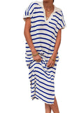 Zingj Summer Dress Women's V-Neck Stripe Low Slit Lapel Long Sweater Even-Outfit