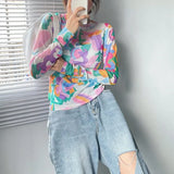 Japanese Style Y2k Aesthetic Mesh Tops See Through Translucent Long Sleeve T Shirts Women Tie Dye Art Print