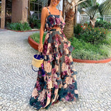 Spot 2025 Women's Fashion Holiday Wind Strap Top Print Flounce Skirt Two-Piece