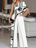 Fashion New Printed Wide Leg Pants Romper Elegant Female Loose Long Office Overall Commute Slash Neck Women Sexy