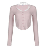 Pure Style Women's Dress Ins Street Lace Spliced U-Shaped Hem Button Long-Sleeved Sweater Women's