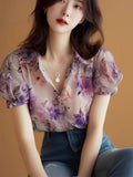 Beautiful Purple Broken Flower Shirt Women's French High-End Bubble Sleeve Age-Reduced Blouse Summer Chiffon Short-Sleeved