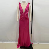 Pink Satin Deep Neck Pleated Maxi Dress- Outfit