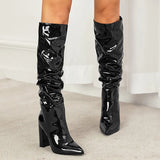 Zingj New Patent Leather Middle Leg Boots Side Zipper Naturally Wrinkled Pointed Thick Heel Fashion Women's Boots-Outfit