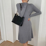 Zingj Winter, The New Korean Women's Wear In Solid Color Is Full Of Waist, Half-High Collar, Knitted Bottom Dress, Single-Breasted A-Shaped