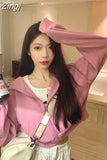 Sweatshirts Coats Women High Waist Crop Tops Solid Sudaderas Hip Hop Y2k Long Sleeve Korean Casual Zipper Pink