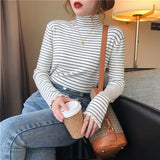 Zingj Half High Collar Striped Long Sleeve T-Shirt Bottom Shirt Women's New Autumn Ins Slim Wood Ear Inside The