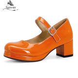 Sgesvier 2021 Spring Women Buckle Comfortable Platform Thick High Heel Pumps Fashion Sweet Dress Shoes Yellow White Red Size